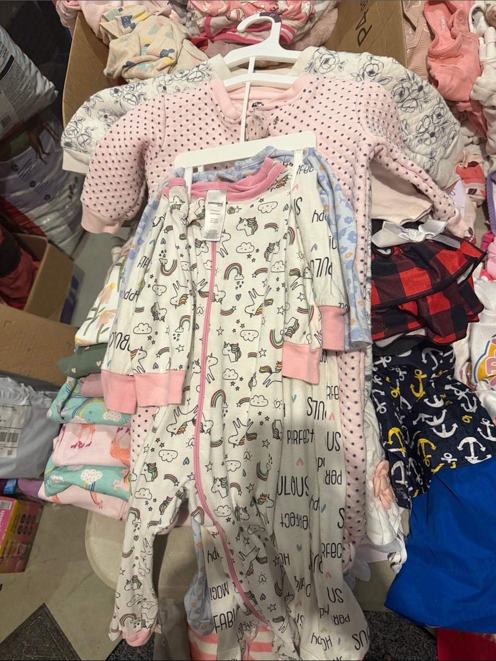 Unicorn & Rainbow Footed Baby Sleeper - Pink Trim
